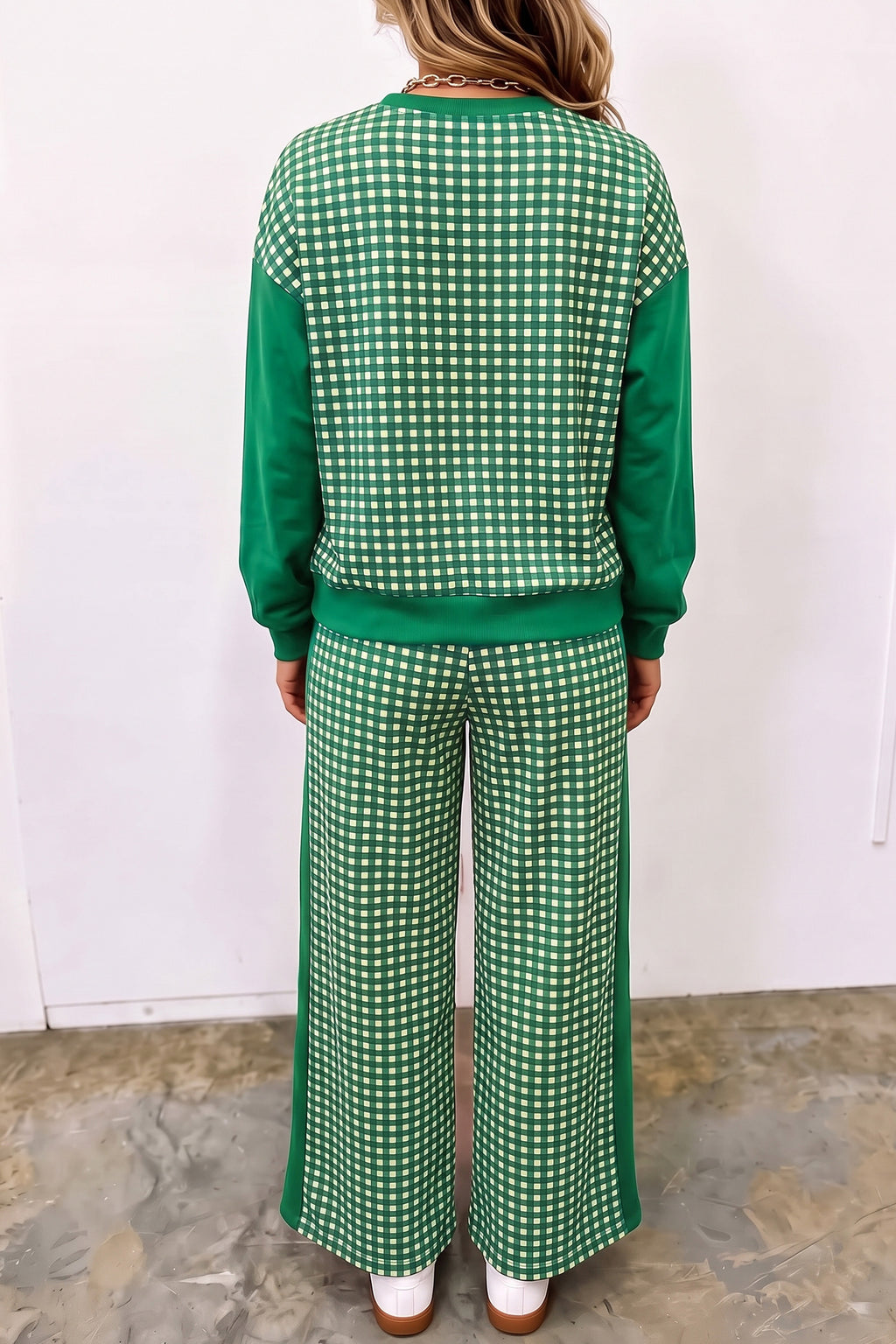 Brown Color Block Plaid Patchwork Long Sleeve Pullover Wide Leg Pant Set