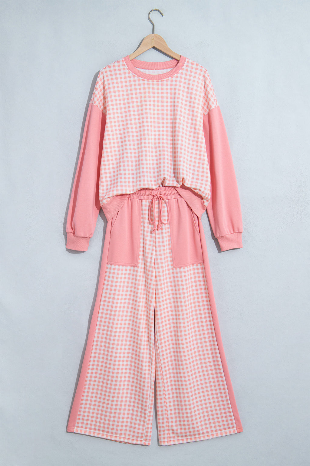 Brown Color Block Plaid Patchwork Long Sleeve Pullover Wide Leg Pant Set