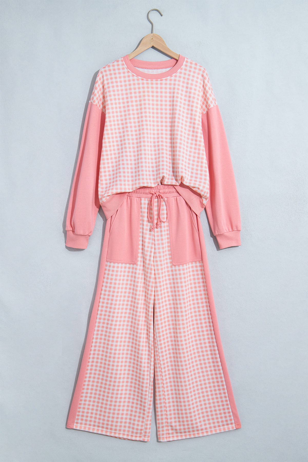 Brown Color Block Plaid Patchwork Long Sleeve Pullover Wide Leg Pant Set