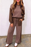 Brown Color Block Plaid Patchwork Long Sleeve Pullover Wide Leg Pant Set
