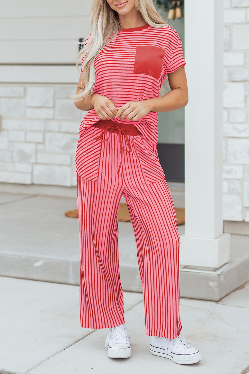Khaki Stripe Crew Neck Tee Drawstring Waist Cropped Pants Set