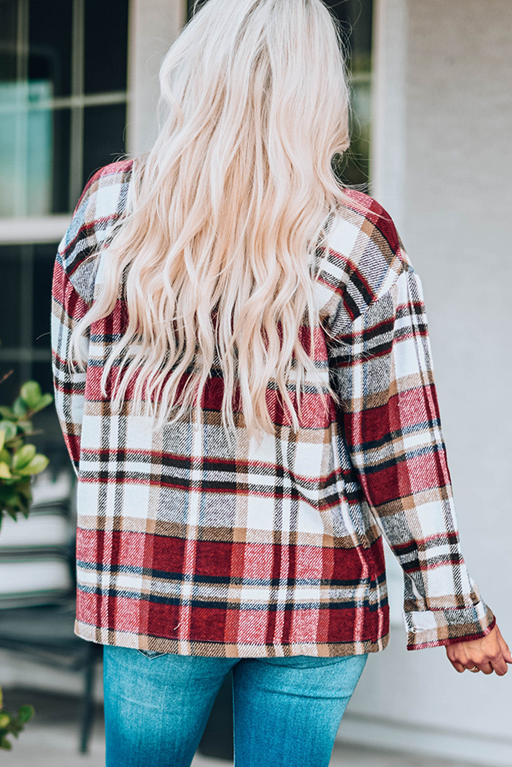 Khaki Geometric Plaid Print Pocketed Shacket