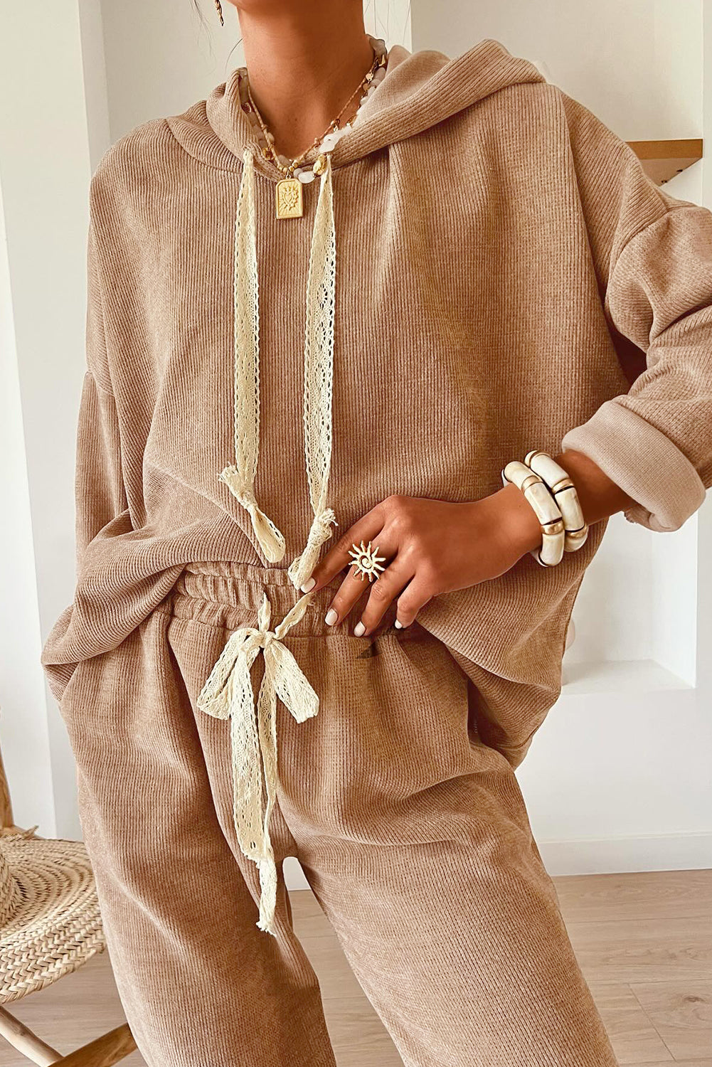 Dark Khaki Leopard Drawstring Pullover Hoodie and High Waist Pants Corduroy Suit