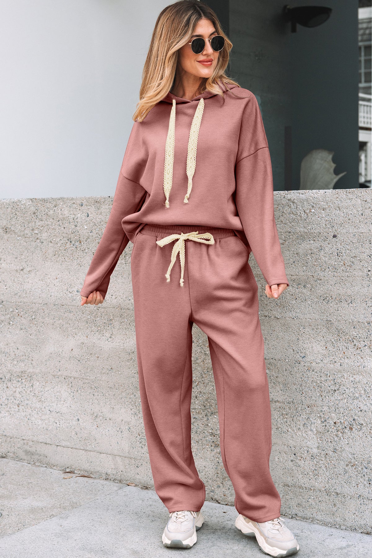 Dark Khaki Leopard Drawstring Pullover Hoodie and High Waist Pants Corduroy Suit