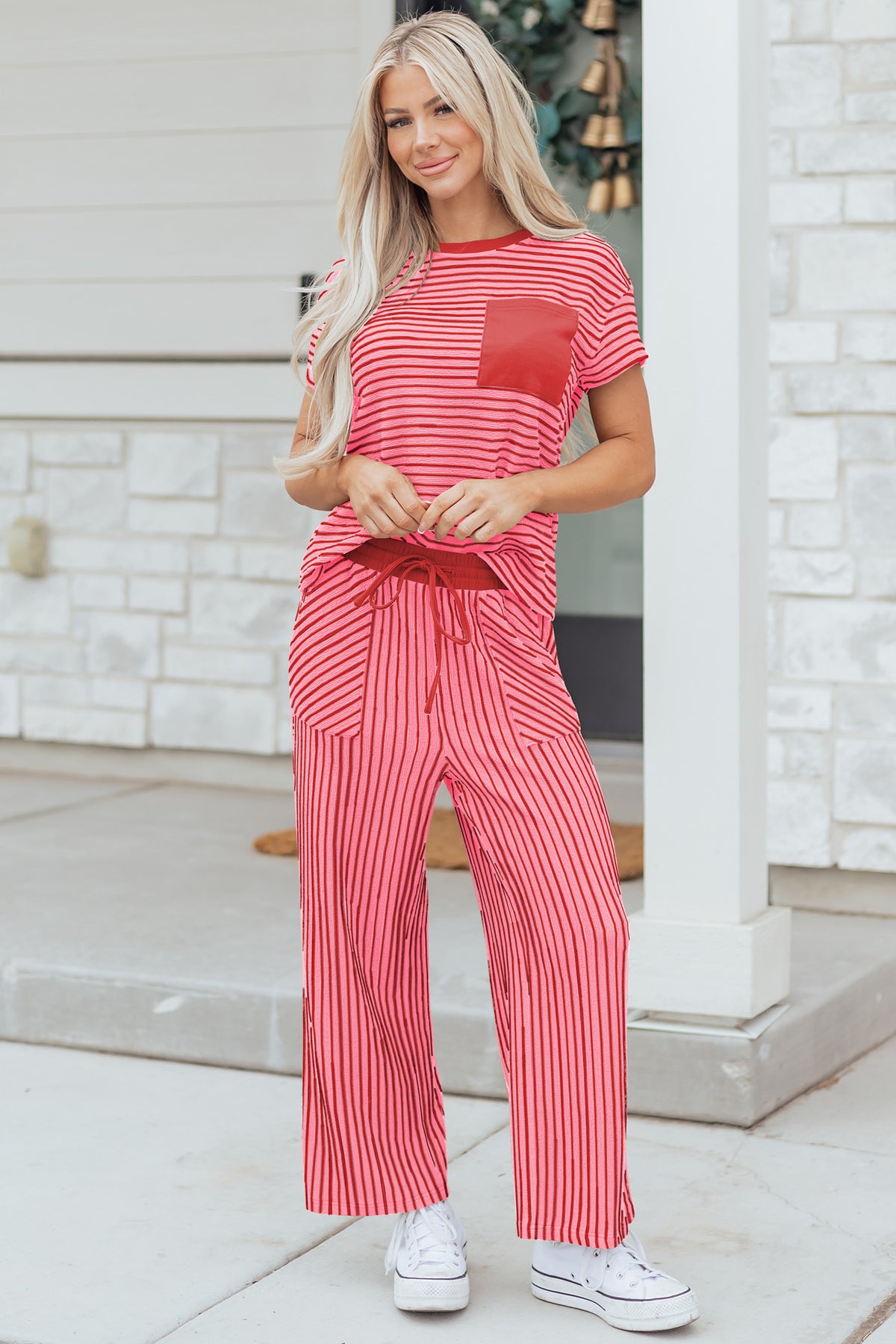 Khaki Stripe Crew Neck Tee Drawstring Waist Cropped Pants Set