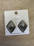 Western Silver & Faux Turquoise Diamond Concho Post Earrings — 3/4" Drop
